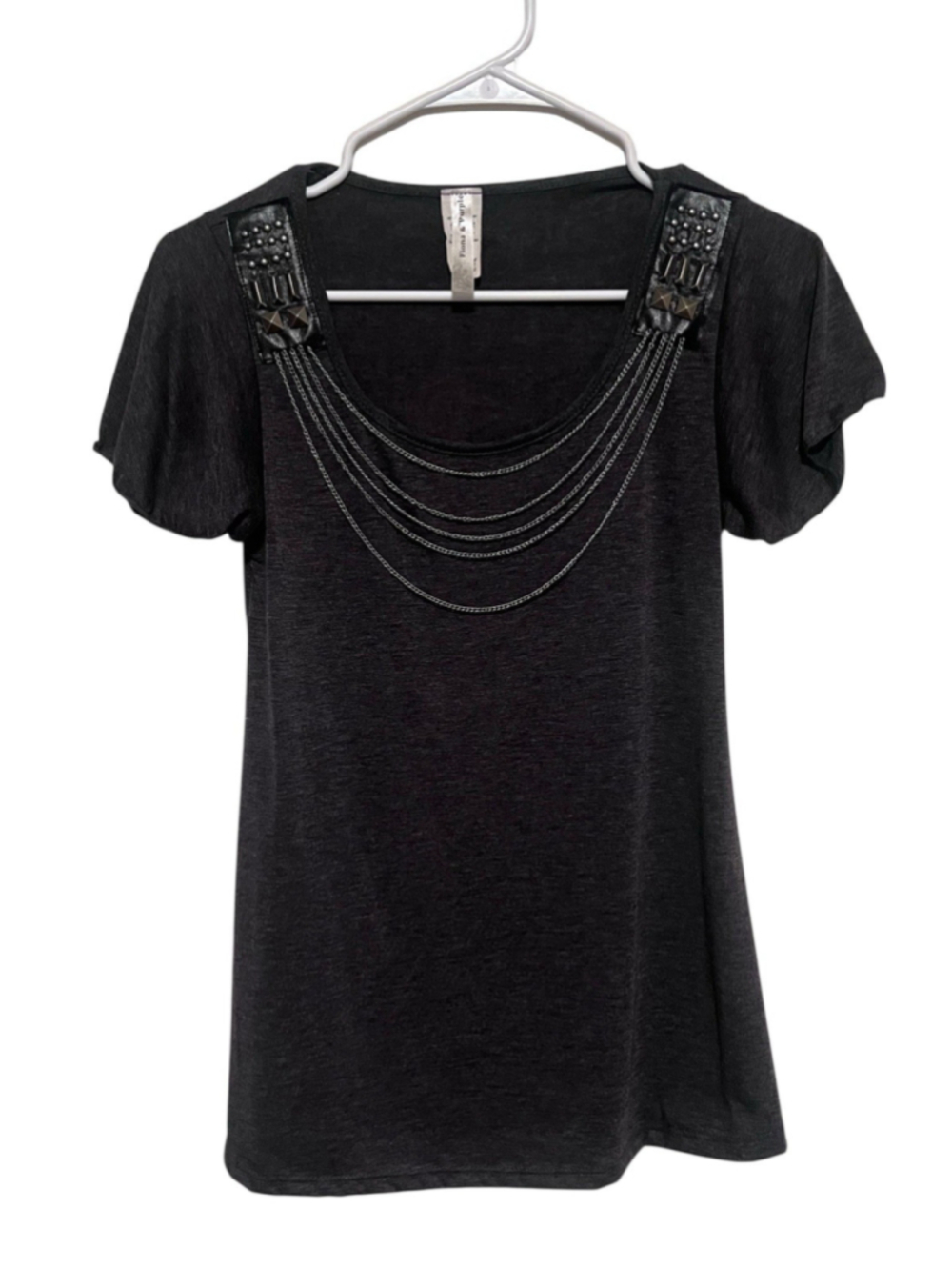 Y2K Studded Chain Top Women’s Medium Gray Silver Necklace Tee Whimsigoth Grunge